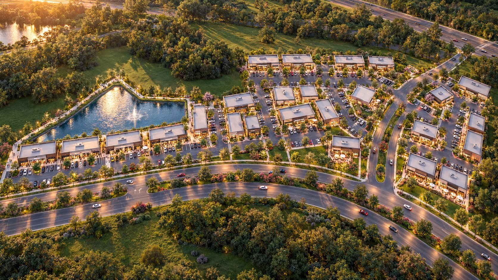 Aerial view of a Luxor commercial development at golden hour with a landscaped pond