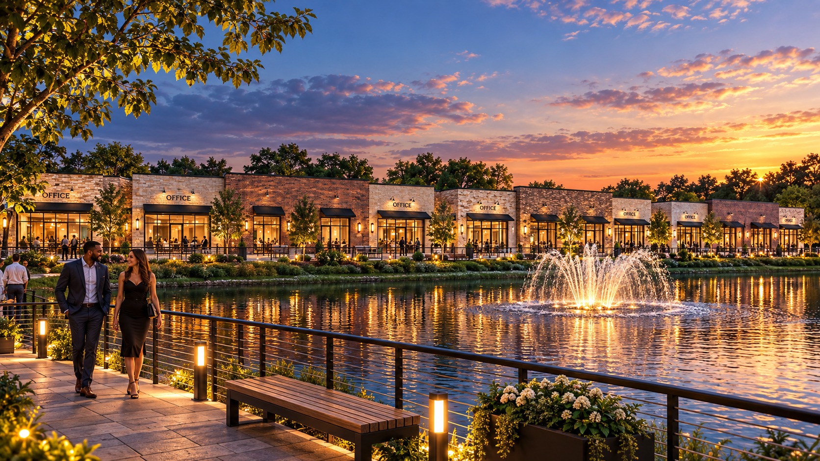 Waterfront commercial development with landscaped walkways and a fountain at sunset